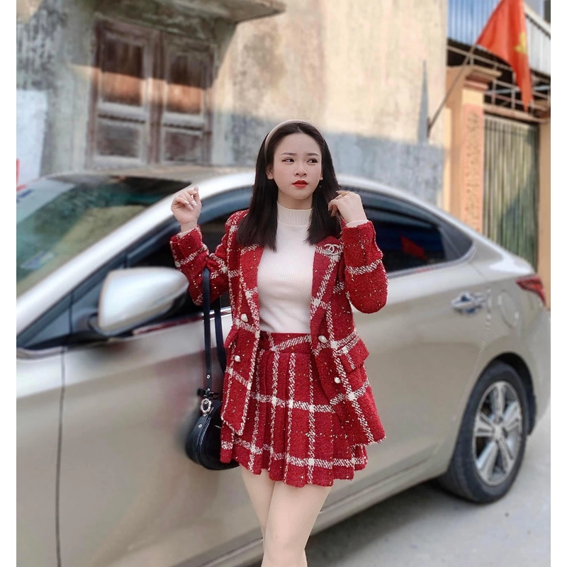 Set dạ tweed đỏ, sz S 40-50kg, new tag, m mua ko mặc vừa cần pass 297977