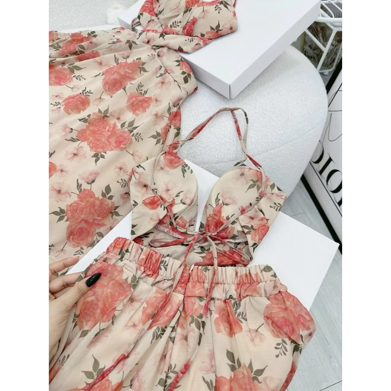 Đầm váy đi biển thời trang nữ dự tiệc chất voan hoa cổ dây không tay có mút 460631