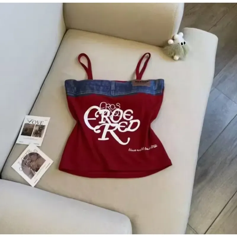 Áo 2 dây đỏ phối jean 971536