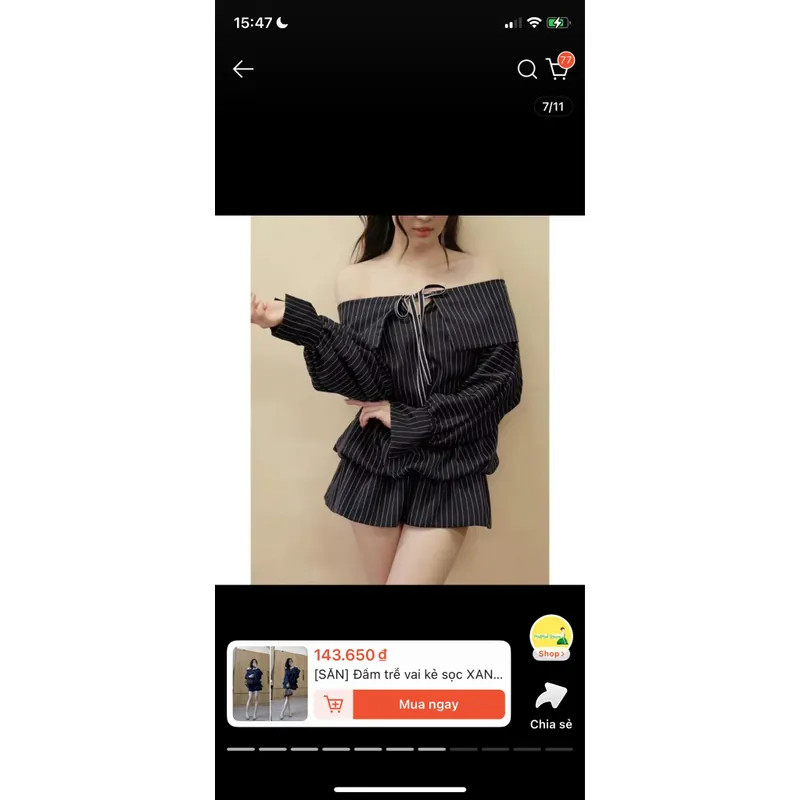 set quần kèm áo trễ vai kẻ sọc xanh than 597648