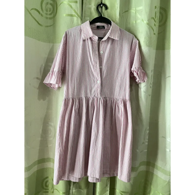 Đầm sơ mi nữ tay ngắn sọc hồng Hàn Quốc  596712
