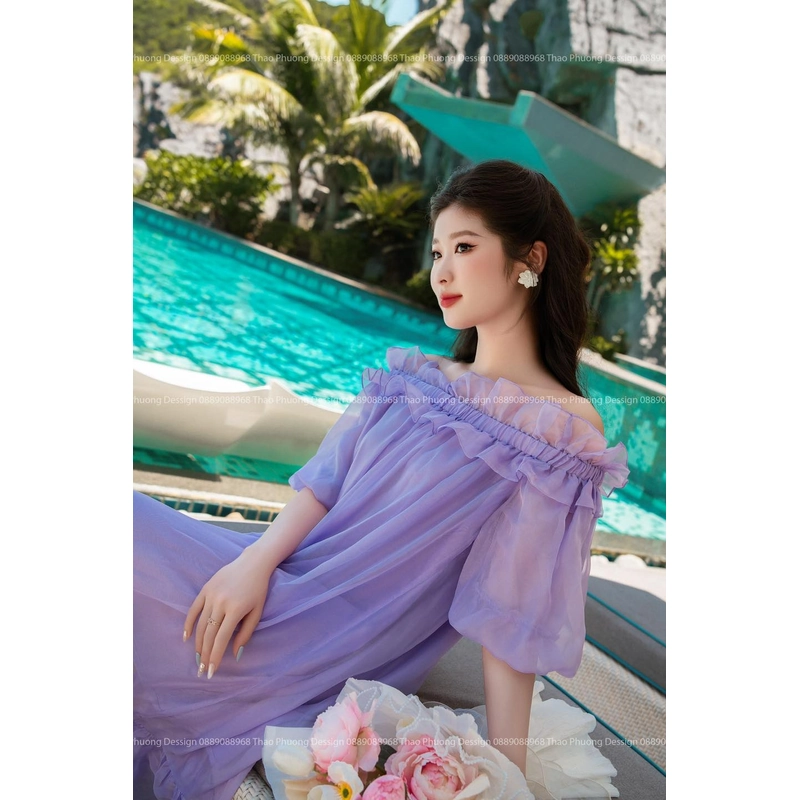 [New] Đầm maxi tơ óng dáng suông trễ vai - THAO PHUONG DESIGN 361261