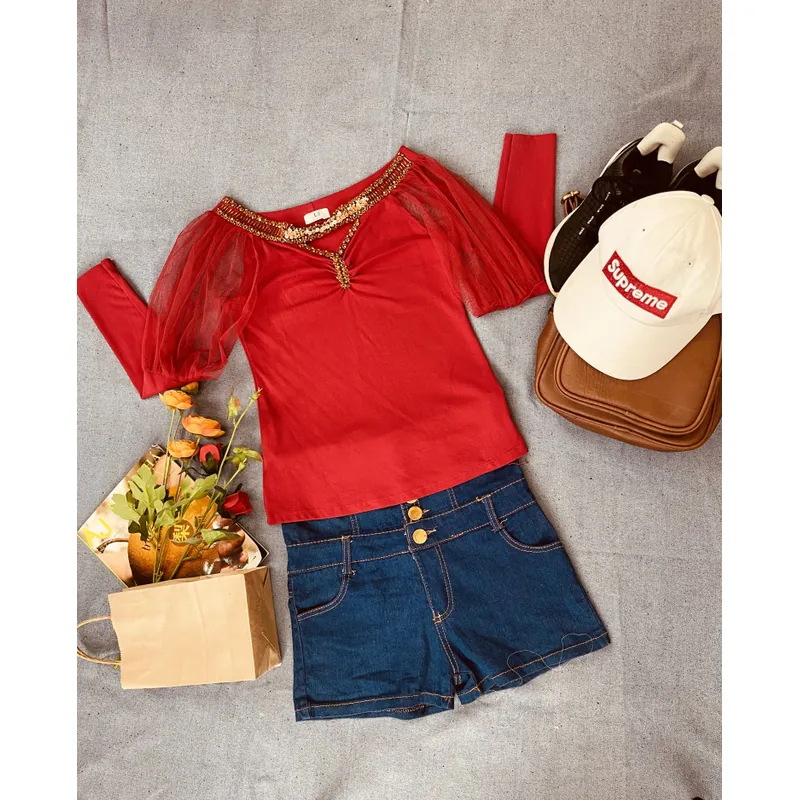 Áo thun đỏ nữ, size M, tay phối lưới 631368