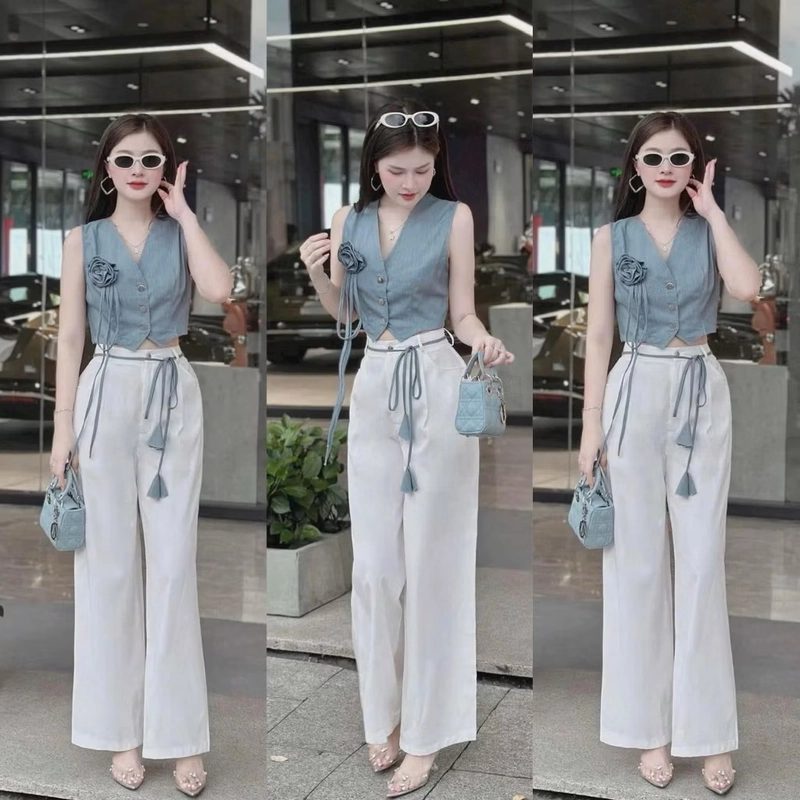 Set áo croptop cổ vest kèm quần ống rộng lưng cao – Freesize 443456