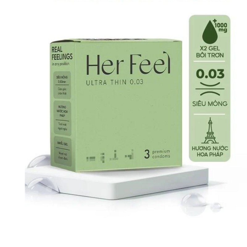 Bao cao su PlayAh Her Feel Ultra Thin 0.03 Hộp 3 Size 52mm Siêu Mỏng Nhiều Gel Cao Cấp 180780