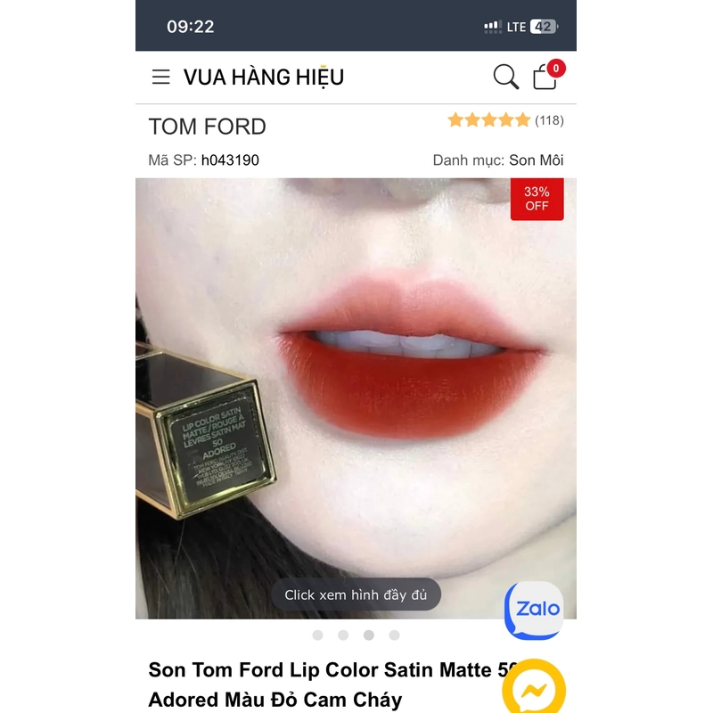 Son Tomford lì màu 50 - Adored đỏ cam cháy auth fullsize fullbox 276260