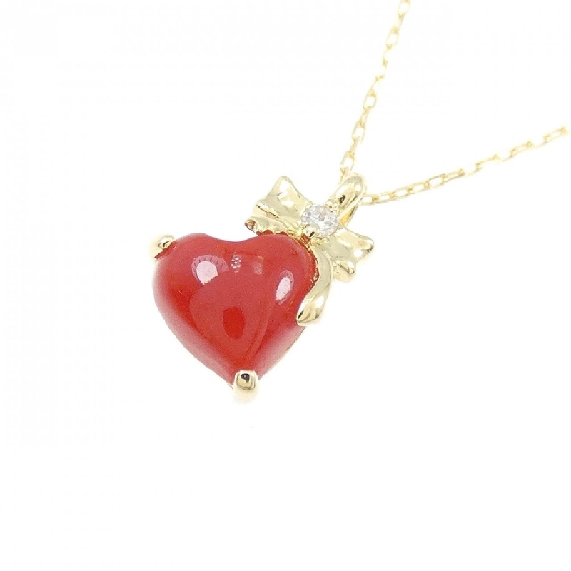 K18YG Heart×Ribbon Coral Necklace 0.58CT - Hàng hiệu Authentic 858717
