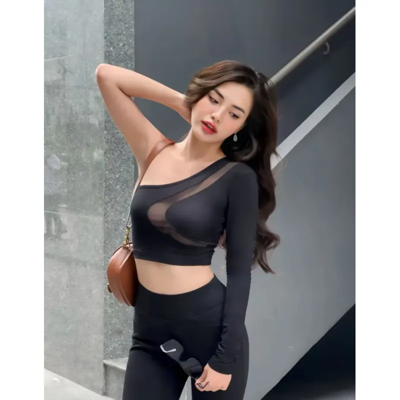 Croptop lưới 1 tay cotton pha lưới dày tay 760056