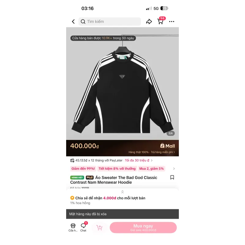 Áo sweater nam The Bad God classic màu đen phối sọc trắng 1032385