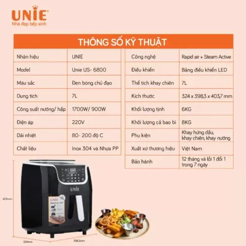 Nồi chiên hơi nước UNIE STEAM US6800 dung tích 7L, chiên-nướng-hấp 3 in1, mới 100% 706272