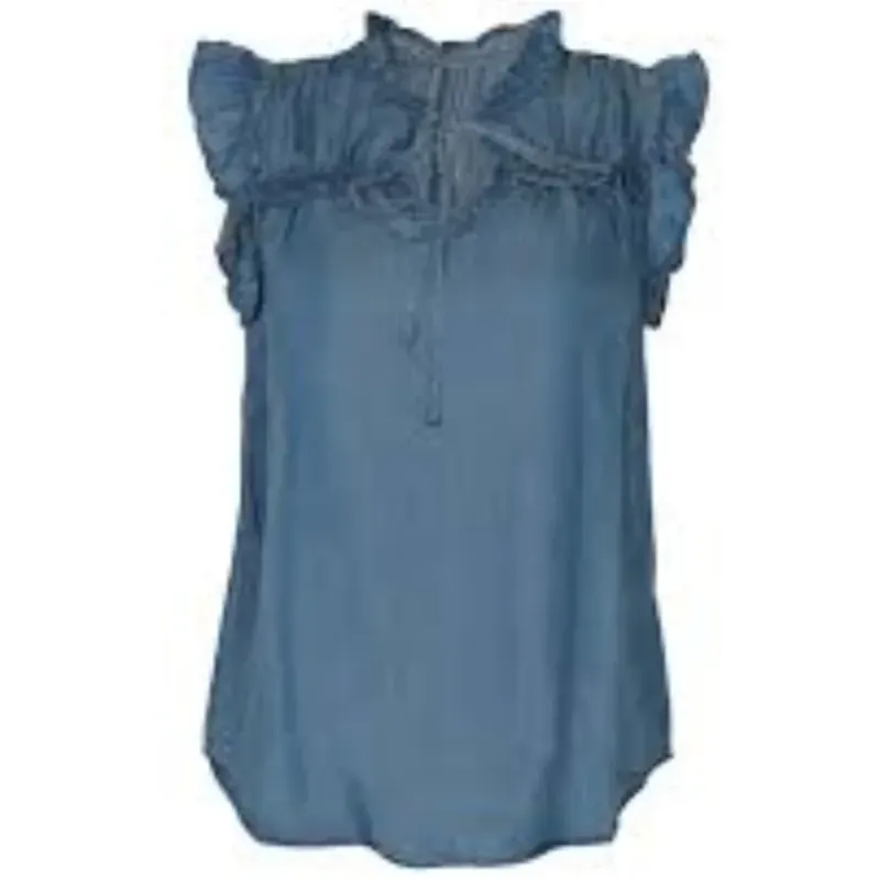 Áo nữ Denim xanh đậm phối bèo cổ váy đi chợ dạo phố 1037130