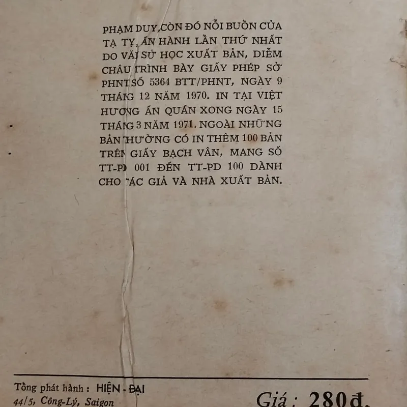 Phạm Duy Nỗi Buồn Còn Đó - Tạ Tỵ - sách xưa 1970 - Đẹp, Hiếm 748989