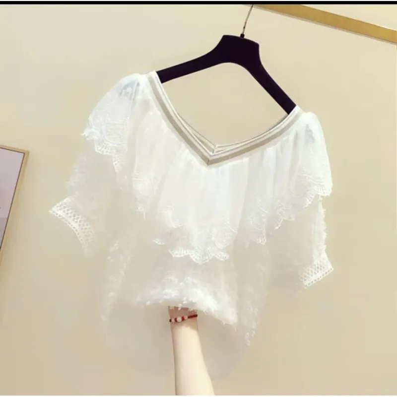 Áo ren lông trắng cổ V 748228