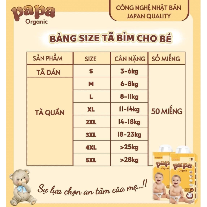 Tã bỉm Papa organic công nghệ Nhật bịch 50  miếng size S đến 5XL 215550