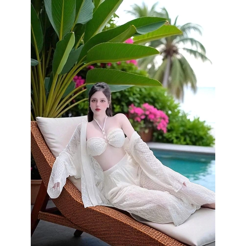 Set Len Lưới 3 Món Đi Biển - Áo Bra, Quần Suông Dài, Áo Khoác Sơ Mi Dài Tay
 550126