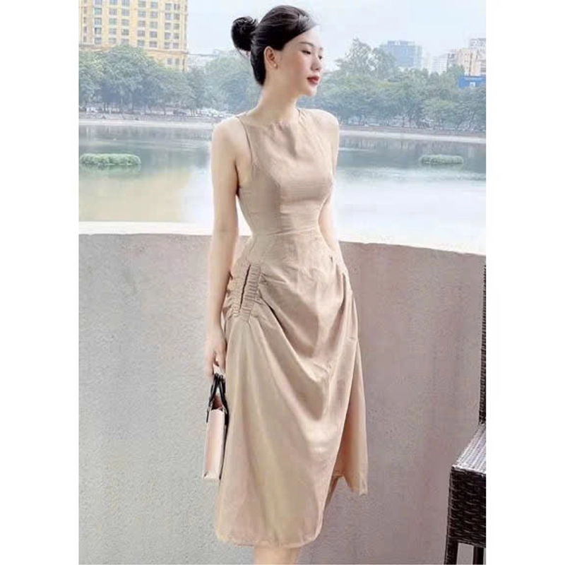 Đầm kem cổ tròn 2 túi nhúng 522716