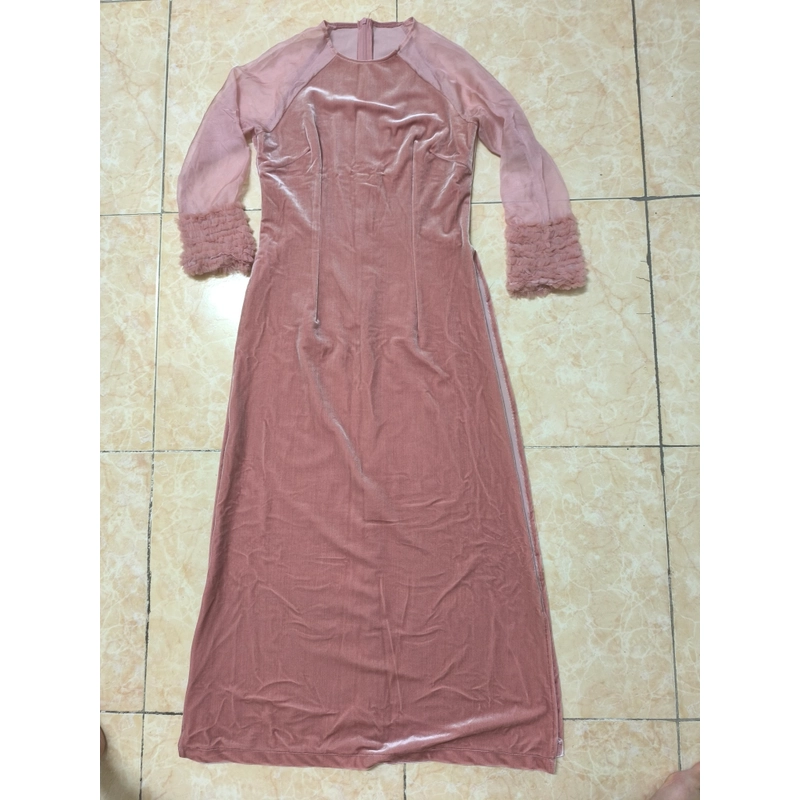 áo dài cách tân nhung the tay voan màu hồng vỏ đỗ 528950