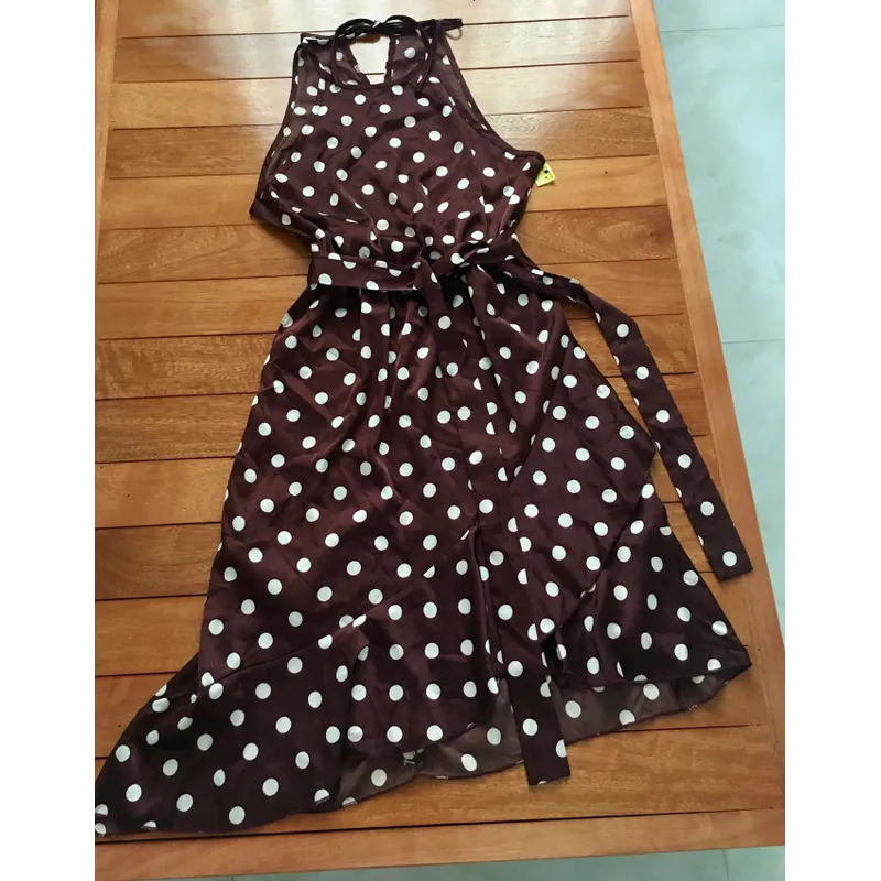 Newtag Đầm chấm bi cổ yếm tà xéo, dây lưng rời size M 713005