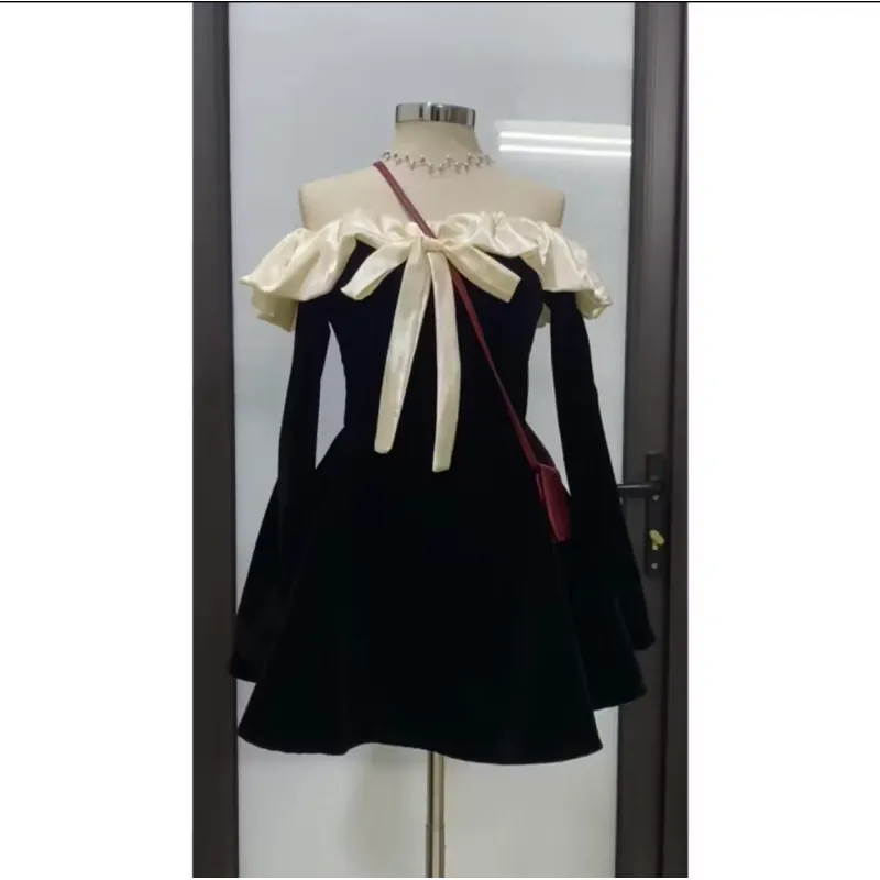 Váy nhung bèo vai phối nơ 1008332