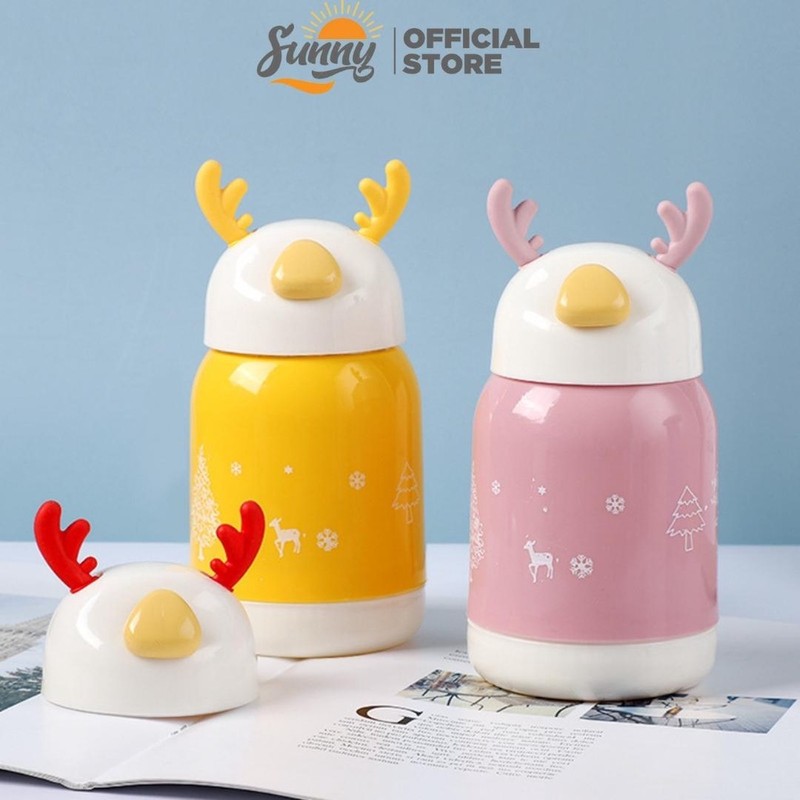 Bình nước giữ nhiệt tai hươu cute lõi thuỷ tinh bọc nhựa dung tích 380ml decor bàn học 86595