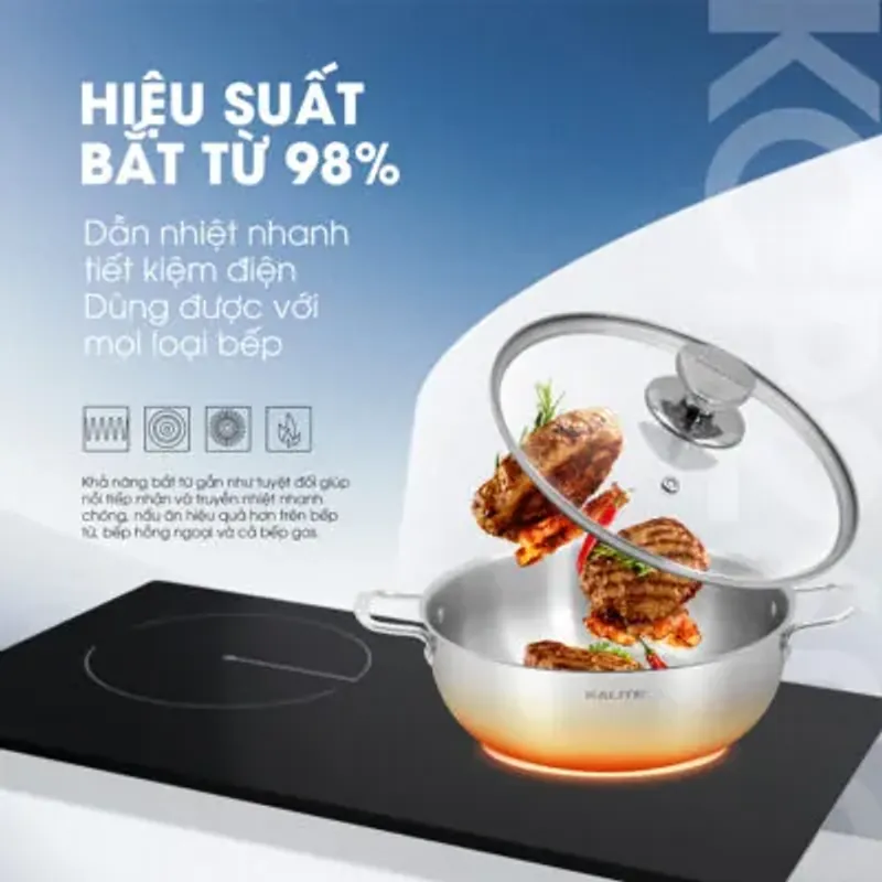 Nồi inox liền khối cao cấp đa năng KALITE KCP2602 – Size 26cm, hiệu suất bắt từ 98%, mới 706241