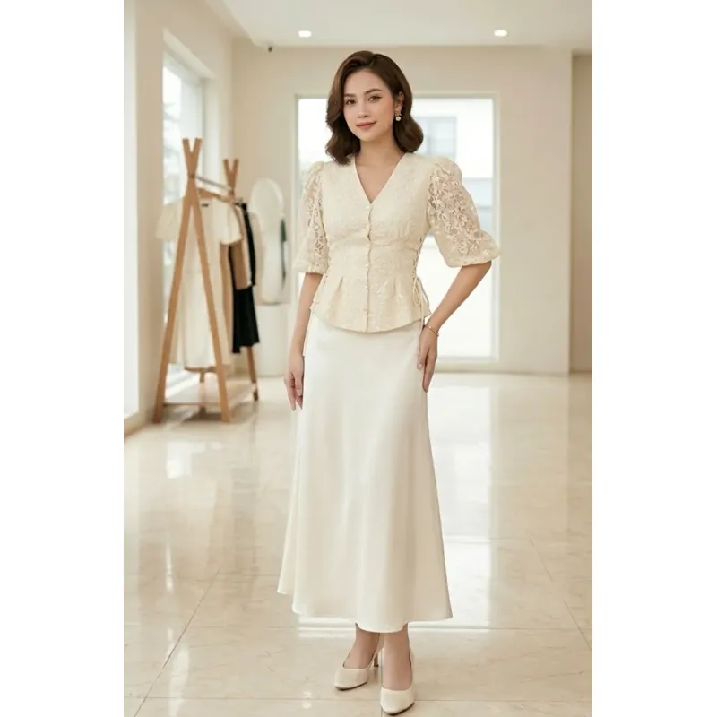 Set váy lụa phối áo ren sang trọng mặc đi tiệc đi chơi đều đẹp 990181