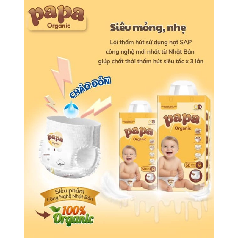 Tã bỉm Papa organic công nghệ Nhật bịch 50  miếng size S đến 5XL 215550