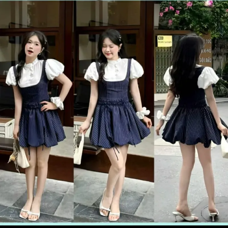 Váy Tiểu Thư Phối Thô Tay Bồng Cổ Bèo Dáng Bí Hoạ Tiết Kẻ Xanh Navy - Tặng Kèm Quần 706837