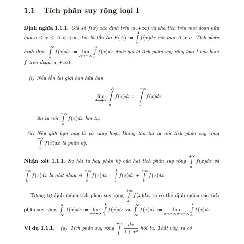 Lý thuyết tích phân suy rộng đầu đủ - Tài liệu học tập Giải Tích 1 ĐH Bách Khoa TP HCM 934155
