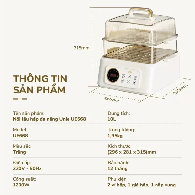 Nồi lẩu hấp đa năng UNIE UE668 10L màu trắng chính hãng mới 100% 593142