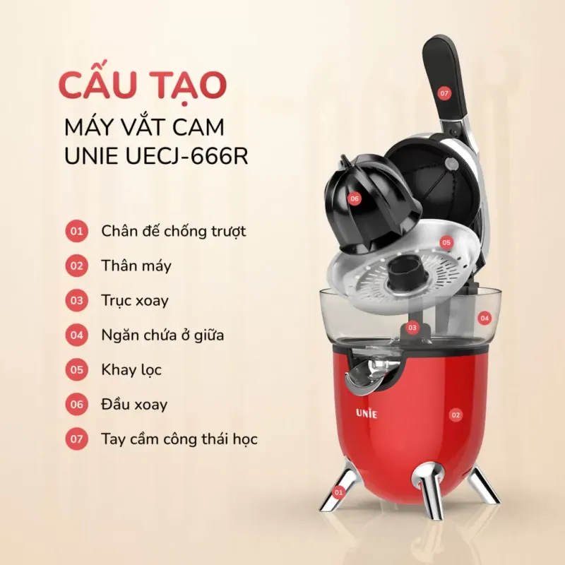 Máy vắt cam điện tự động UNIE UECJ-666R 100W — ép nhanh, chống nhỏ giọt, vận hành êm 578111