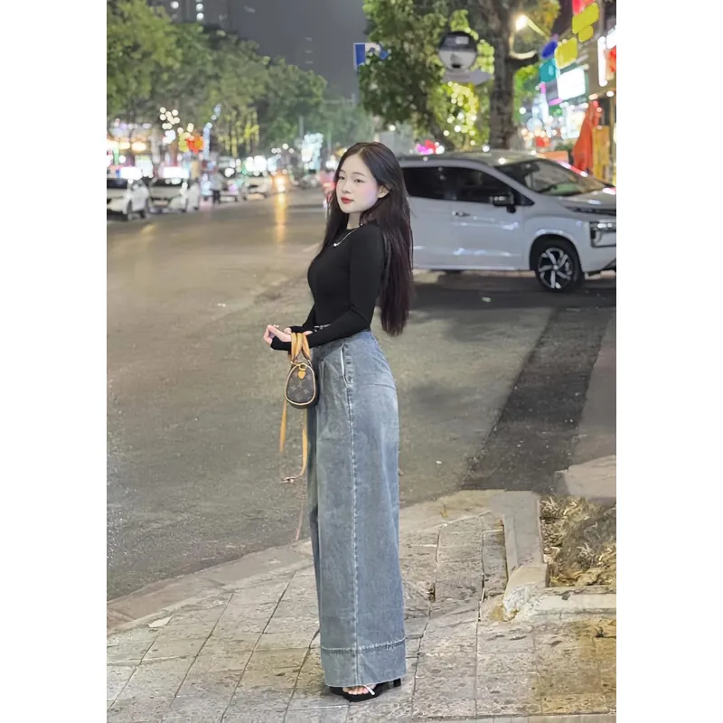 Quần jeans nữ ống suông ống rộng lưng cao tôn dáng màu xanh bạc đi học đi làm đi chơi  597110