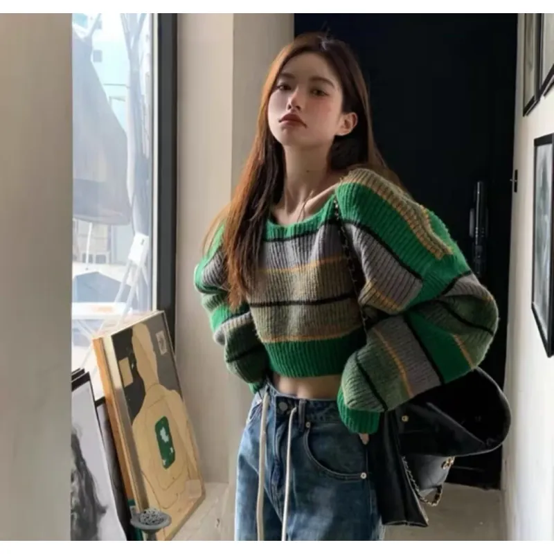 ÁO LEN DỆT KIM TAY DÀI CROPTOP KẺ SỌC XANH 745596