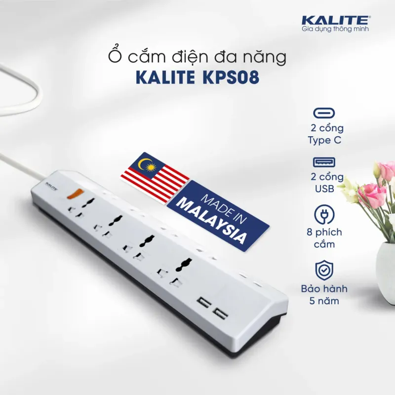 Ổ cắm điện thông minh KALITE KPS08 TÍCH HỢP USB TYPE C, TYPE A 934104