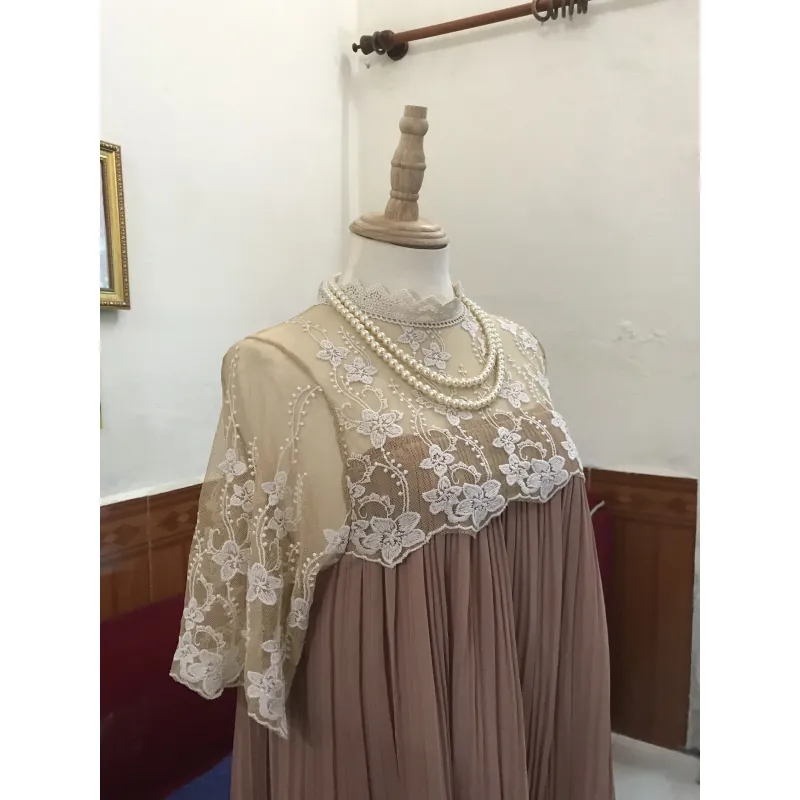 Váy tiểu thư phối ren ngực kiểu Pháp Free size Màu nâu tây 1041954