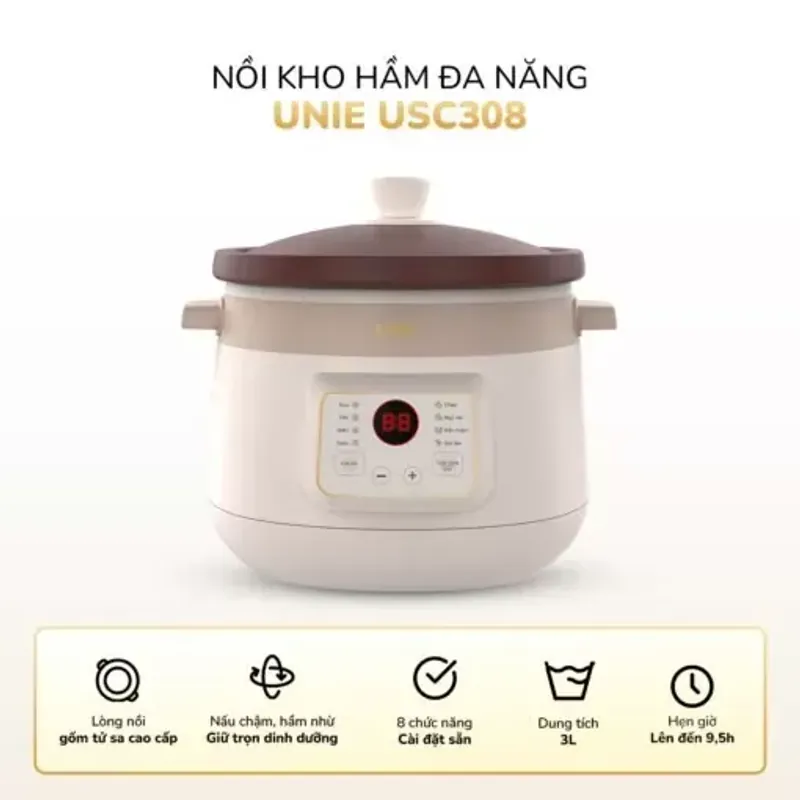 Nồi kho hầm đa năng UNIE USC308 3L lòng gốm tử sa, 8 chức năng, nấu chậm thông minh 578149