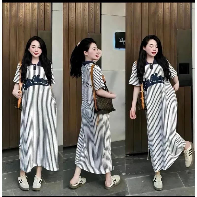 Trang phục thời trang nữ váy sơ mi, đầm phối áo đen, váy dài 973736