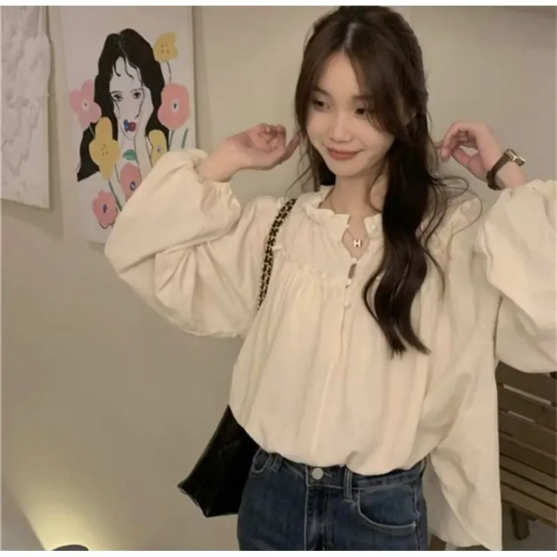 Bh Áo Tay Phồng Dài Cổ Tròn Dáng Rộng Viền Gỗ vintage Cho Nữ 995028