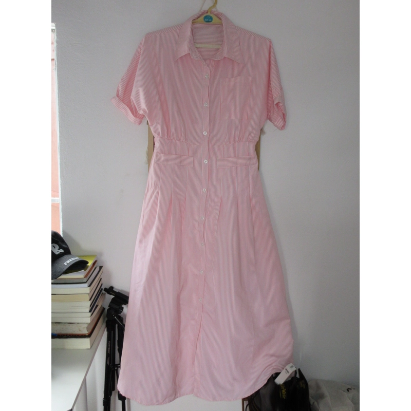 Váy sơ mi dài hồng pastel kẻ sọc  479351