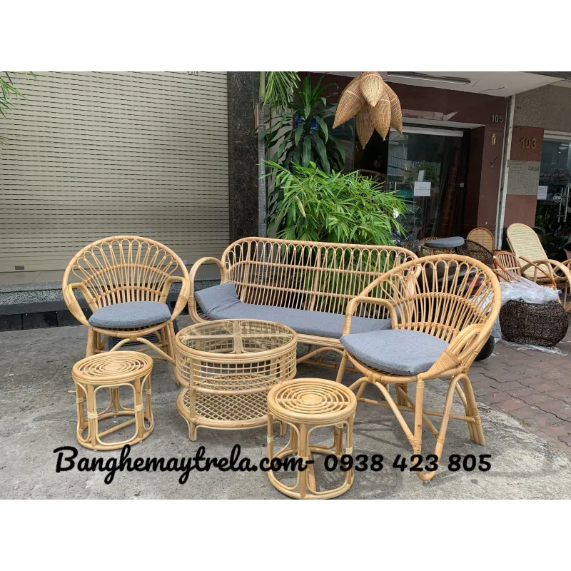 Bàn ghế sofa mây tự nhiên tay cuộn phòng khách 559231