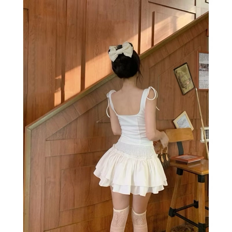 (Pass đồ) Set Áo Hai Dây Thắt Nơ Kèm Chân Váy Xếp Tầng Viền Eo TIBU Set Đồ Nữ Tiểu Thư Ôm  508909