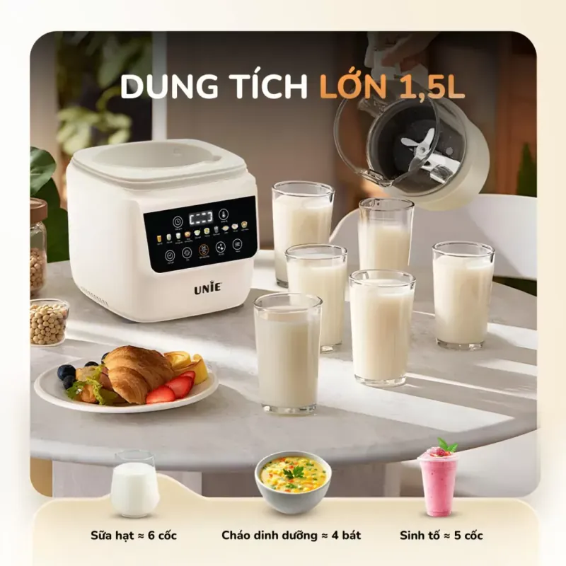 Máy làm sữa hạt UNIE UCB15 dung tích 1.5L, giảm ồn 30%, 10 chức năng nấu 599982