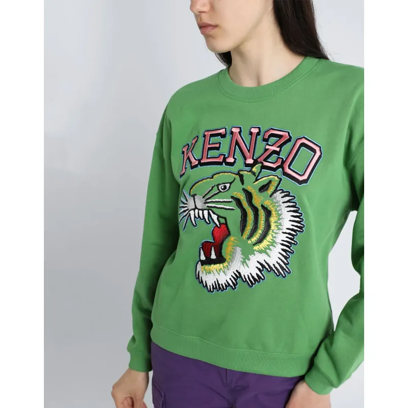 Áo nỉ Kenzo unisex thêu đầu hổ và chữ màu xanh lá 757828