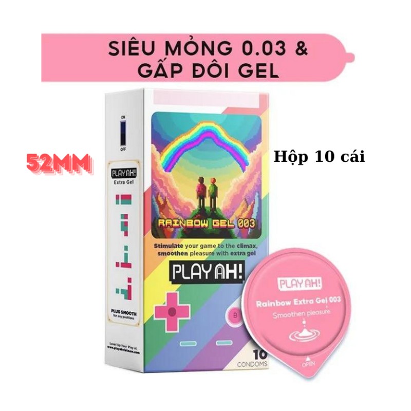 Bao Cao Su PlayAh Rainbow Gel 003 Hộp 10 size 52mm siêu mỏng nhiều gel 184375