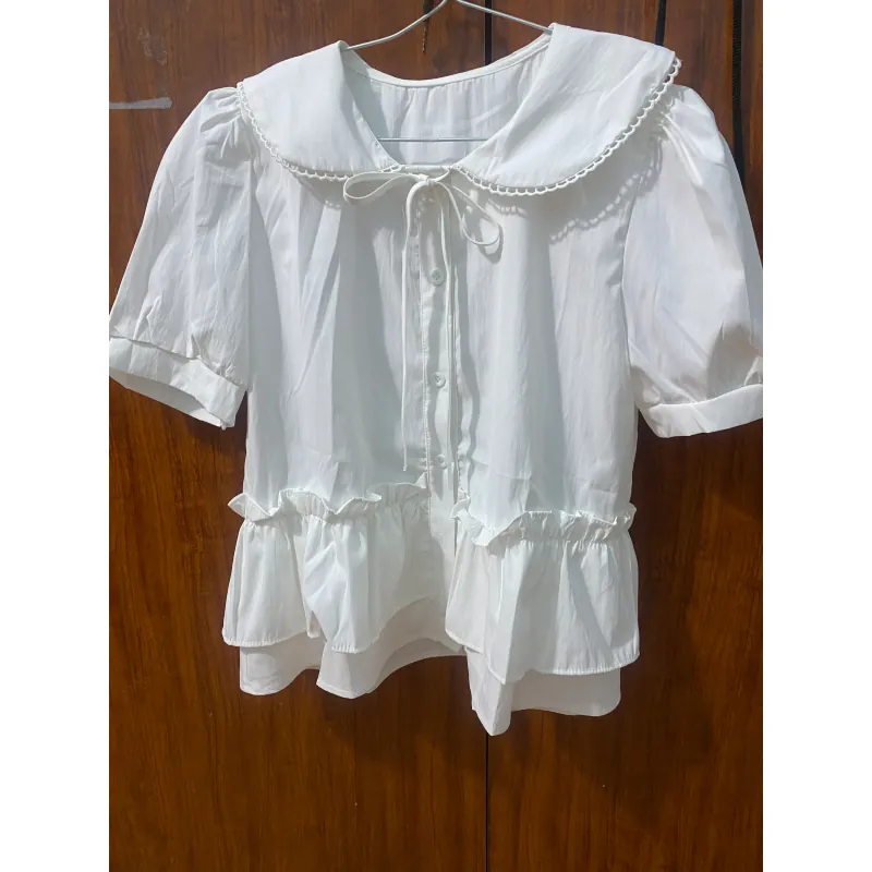 Áo nữ cổ Peterpan tay ngắn chất liệu cotton màu trắng phong cách dễ thương 977586