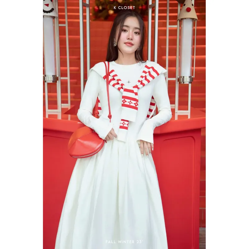 Váy nữ dài dài tay màu trắng phối eo thắt đậm chất mùa thu 777187