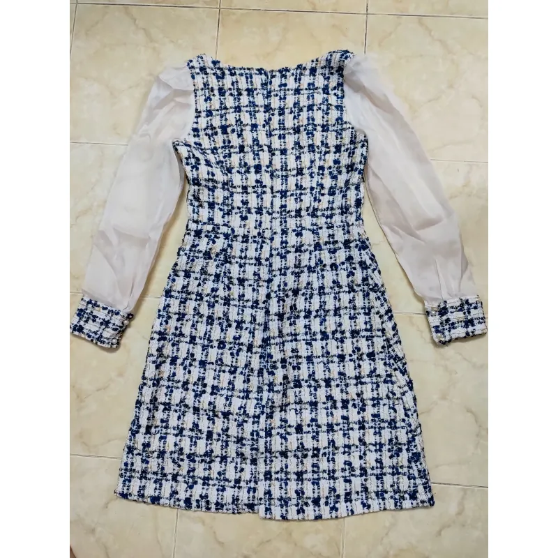 Đầm vải dạ caro tay voan kim tuyến dáng dài đi tiệc, đi chơi, đi làm còn mới 99% 925442