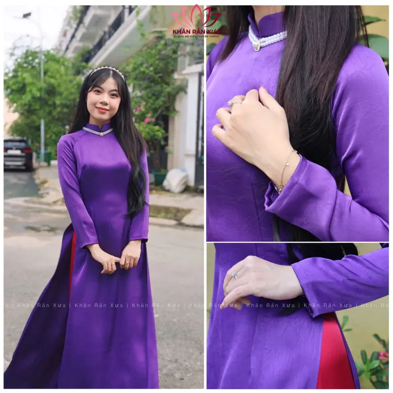 Váy cô dâu cổ cao dài tay chất liệu lụa màu trắng kem 737788