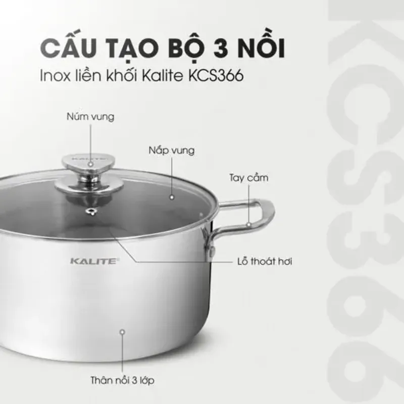 Bộ 3 nồi inox liền khối KALITE KCS366 – Bộ 3 size 18-20-24cm linh hoạt 577473