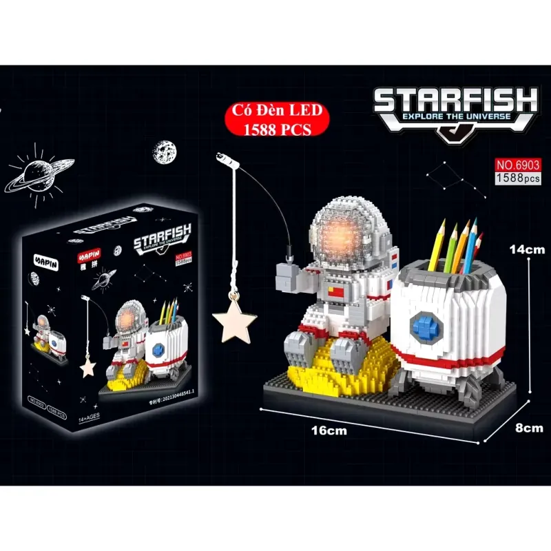Bộ đồ chơi lắp ghép phi hành gia - Hộp đựng bút trang trí bàn 1588 mảnh ( có đèn led ) 1009302